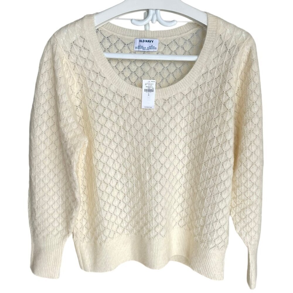 NWT OLD NAVY Wool Blend Cream Pointelle Sweater Ballon Sleeves Scoop Neck Large